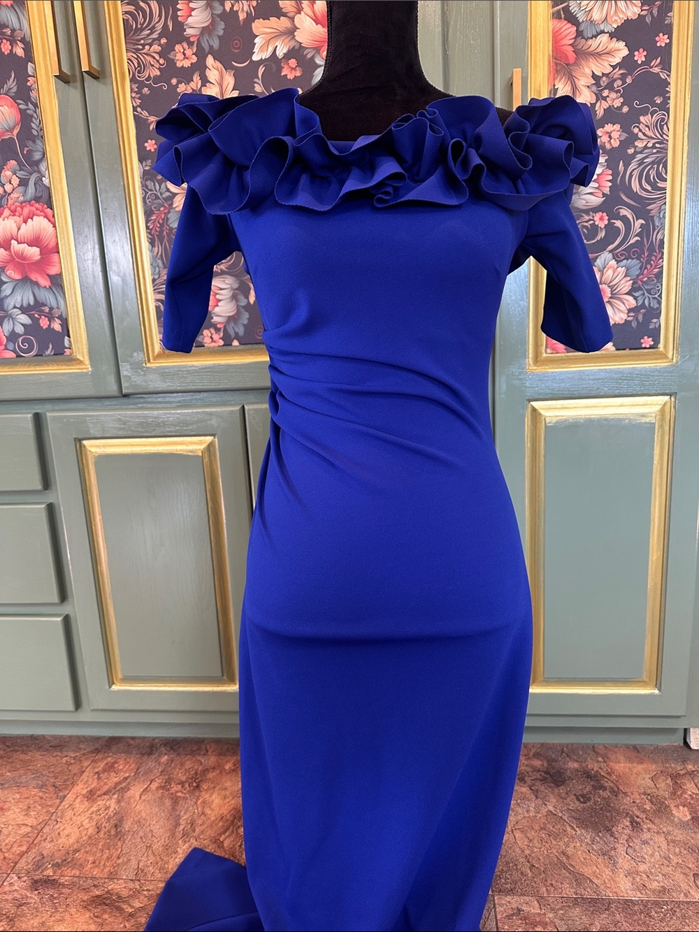 Xscape One-Shoulder Ruffle Gown in Royal Blue